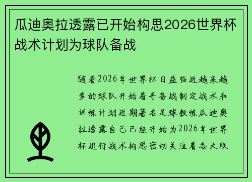 瓜迪奥拉透露已开始构思2026世界杯战术计划为球队备战 瓜迪奥拉透露已开始构思2026世界杯战术计划为球队备战